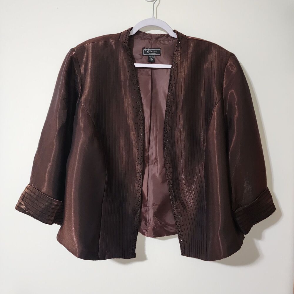 Dressbarn Collection Womens Evening Beaded 3/4 Sleeve Open Jacket Brown Size 22